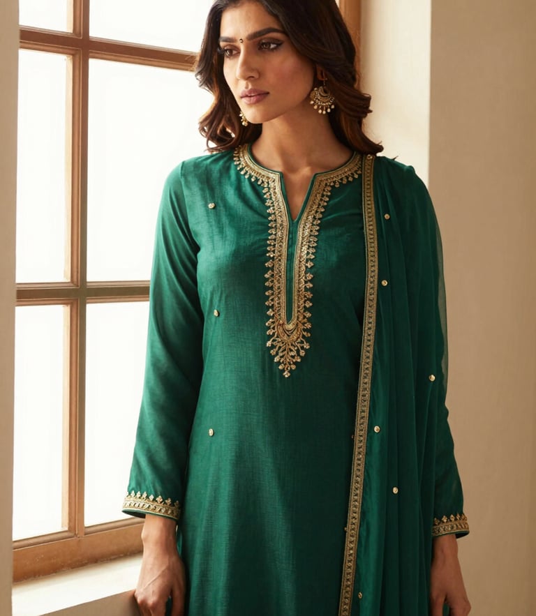 A graceful portrait of a woman in a rich emerald green anarkali suit with intricate gold embroidery along the high neckline and long sleeves, soft window light, warm editorial fashion photography.