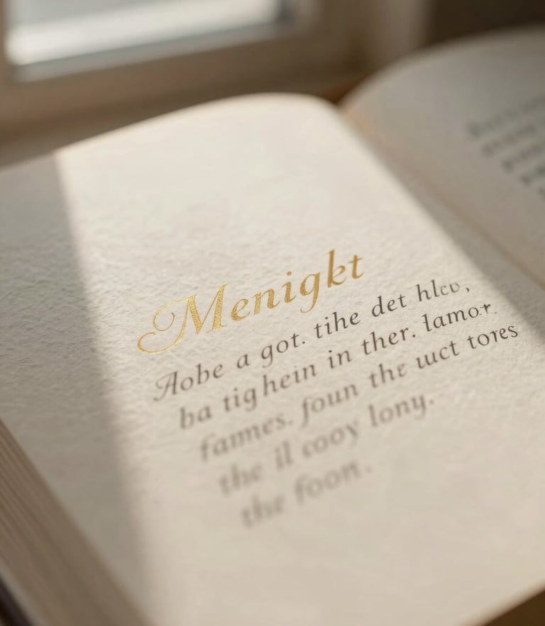 Macro shot of elegant typesetting on textured book paper, warm cream tones, soft natural window light, shallow depth of field.