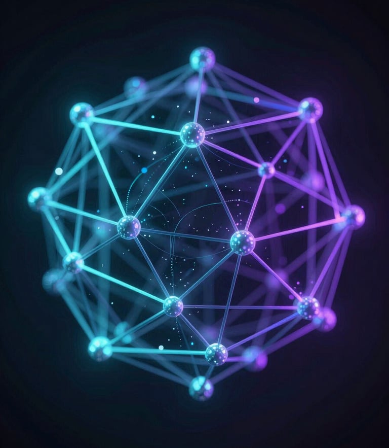 Abstract 3D geometric nodes glowing with electric cyan and digital purple light, representing a decentralized voting network on a dark background.