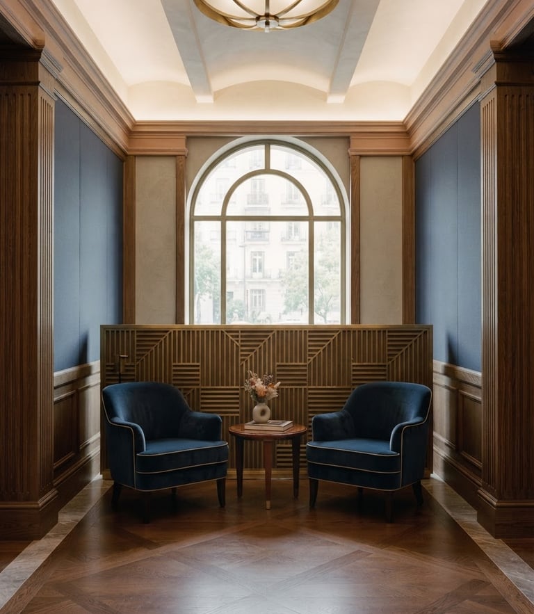Symmetrical architectural detail of a prestigious corporate office in Madrid, soft natural window light, muted navy and champagne tones, 35mm