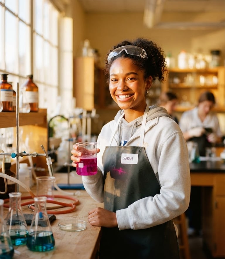 Bright editorial photography of a high school student smiling in a sunlit science laboratory, holding a beaker with colorful liquid, warm golden-hour tones, 35mm, shallow depth of field