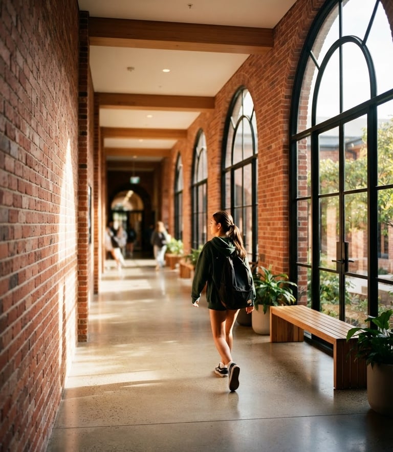 Bright editorial photography of a modern school brick corridor with sunlight streaming through large arch windows, shallow depth of field, 35mm.