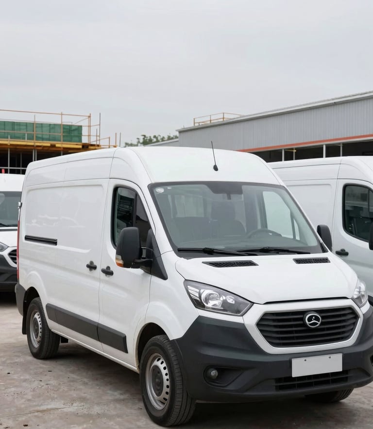 Industrial commercial photography, bright overcast daylight, a clean white utility van parked at an active construction site, realistic colors, 35mm lens