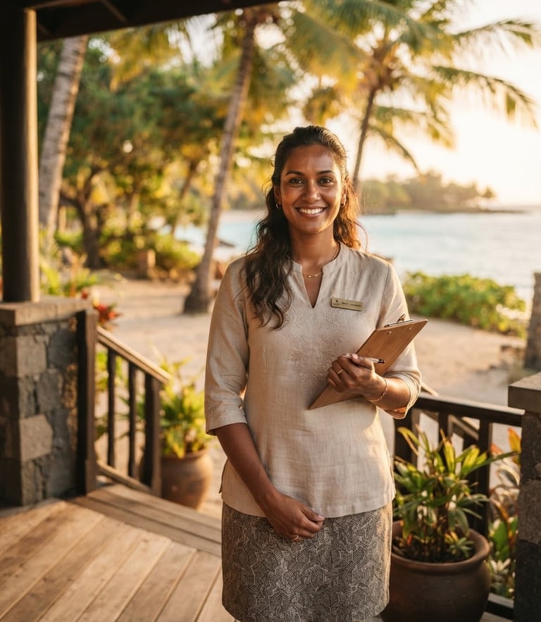 Warm natural portrait of a professional female concierge standing in a sun-drenched Mauritian veranda, golden hour tropical daylight, soft sand and palm green tones, shallow depth of field