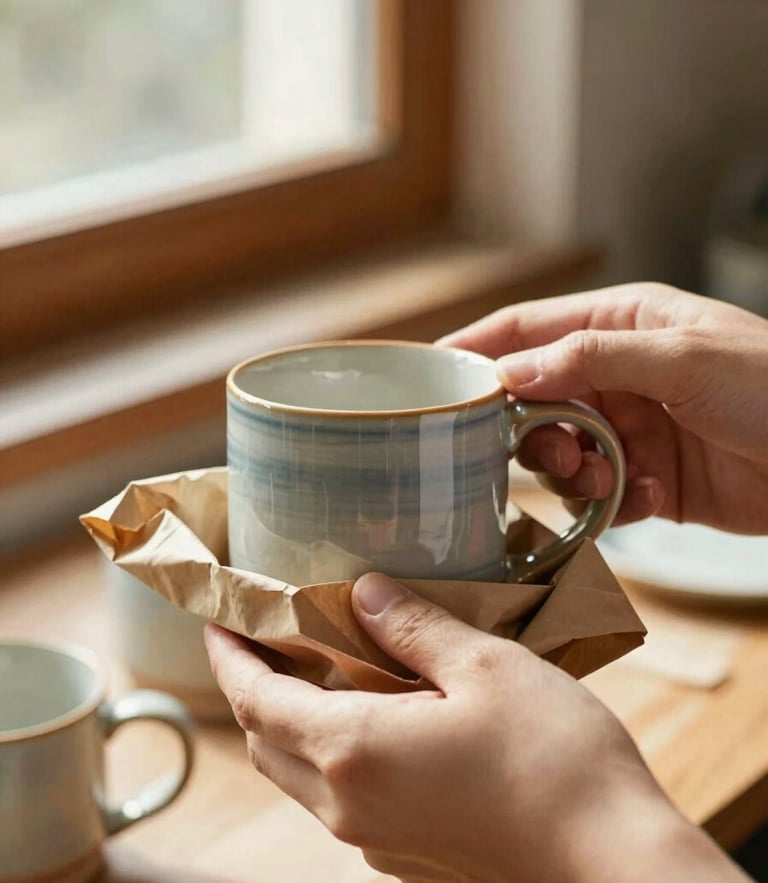 A close-up of hands carefully wrapping a handmade ceramic mug in kraft paper inside a sunlit home studio, warm window light, shallow depth of field