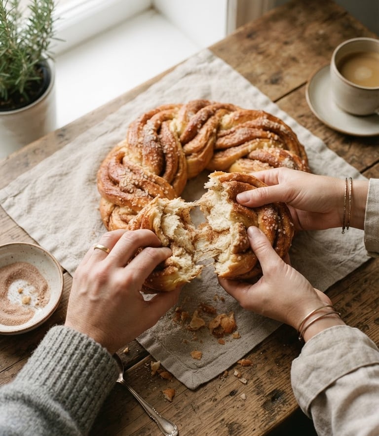 Overhead flat-lay of a warm kitchen table, hands tearing a soft golden Rosca de Canela, crumbs on a rustic linen cloth, soft morning window light, 35mm film