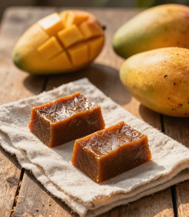 A close-up of golden-hour sunlight hitting a rustic wooden table set with ripe mangoes and traditional taiada sweets on raw linen fabric.
