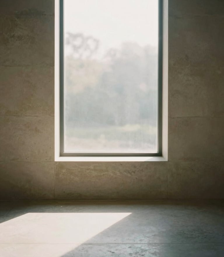 Soft diffused morning daylight filtering through a minimalist stone window, gentle shadows on a clean floor, serene editorial photography, 35mm