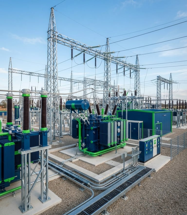 Sharp industrial photography of a clean electrical substation, deep corporate blue and electric green accents, architectural wide angle, 35mm