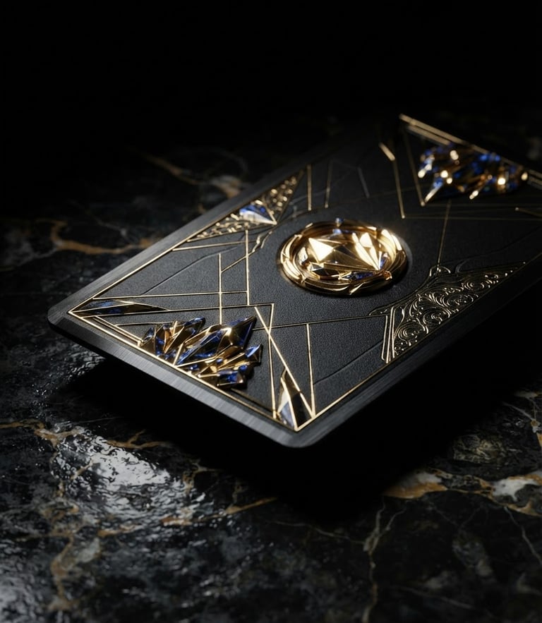 Macro close-up of a premium physical black metal card with gold accents resting on dark marble, dramatic low-key chiaroscuro lighting