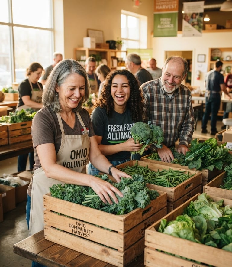 Warm daylight photo of Ohio volunteers smiling, packing wooden crates with fresh green vegetables in a bright community center