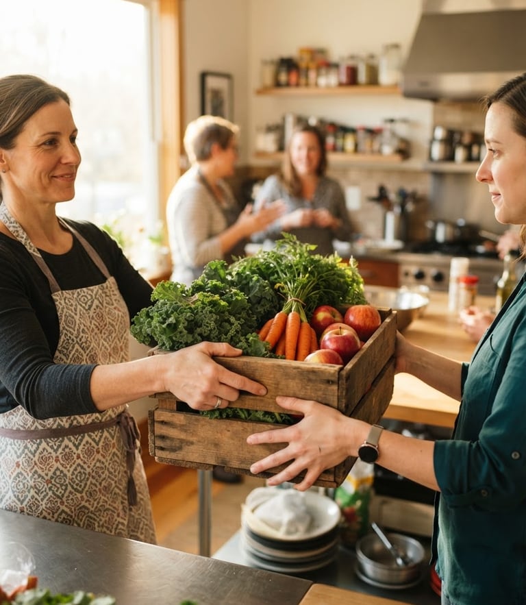 A warm, brightly lit indoor community kitchen in Ohio, hands gently passing a wooden crate filled with fresh green kale, bright orange carrots, and red apples, shallow depth of field, authentic candid moment