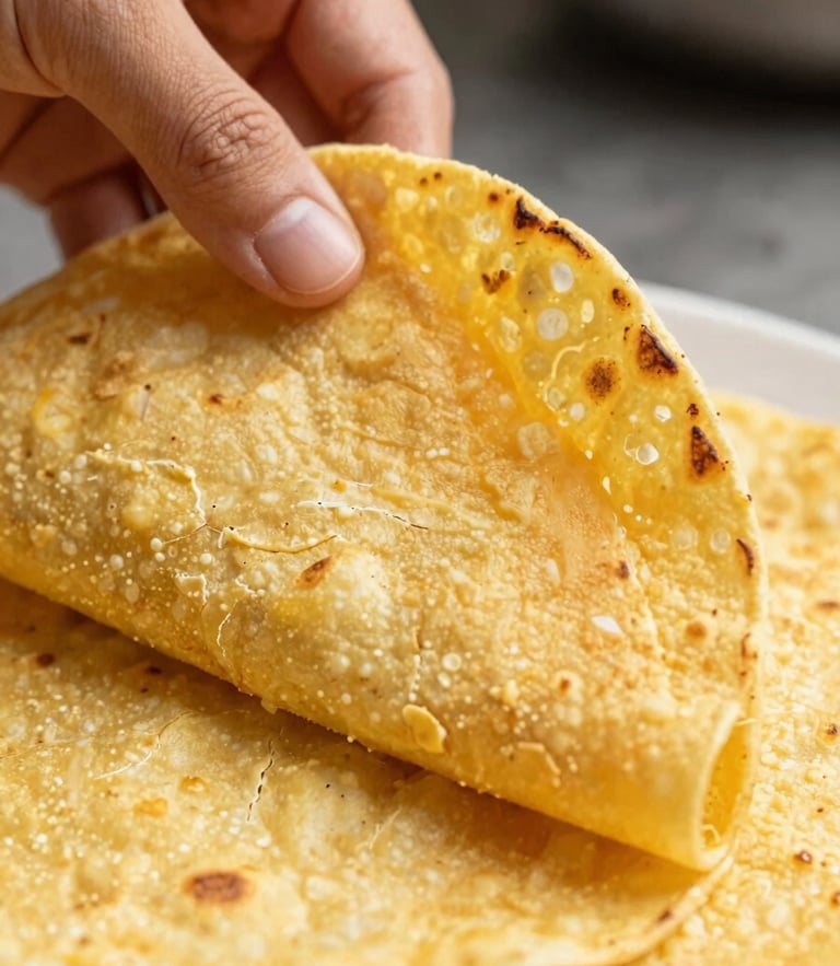 Close-up macro shot of a warm corn tortilla being folded gently by hand, showing a soft toasted texture with zero cracking, rich maize yellow tones, shallow depth of field.
