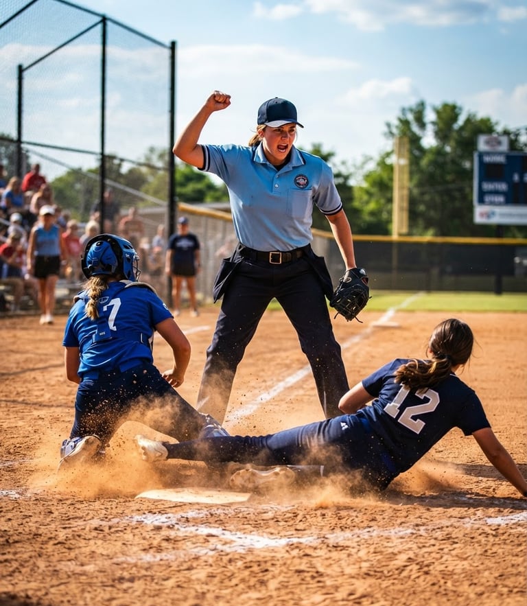 Low-angle action shot of a young fastpitch softball umpire in a blue shirt making a confident out call at home plate, dirt flying, bright afternoon sunlight, high-contrast saturated tones.