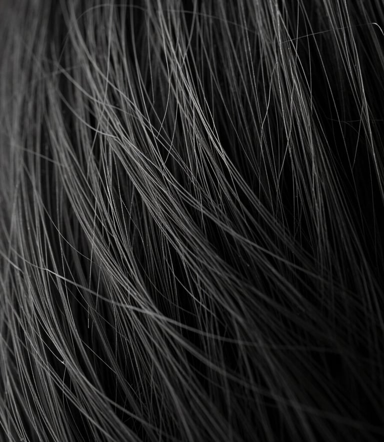 Dramatic low-key macro photography of fine organic hair fibers, sharp texture details, deep shadows, high-contrast monochrome.