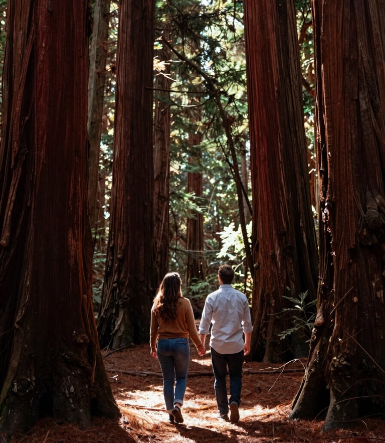 A couple walking hand-in-hand through deep redwood shadows in a Northern California forest, soft shafts of light filtering through trees