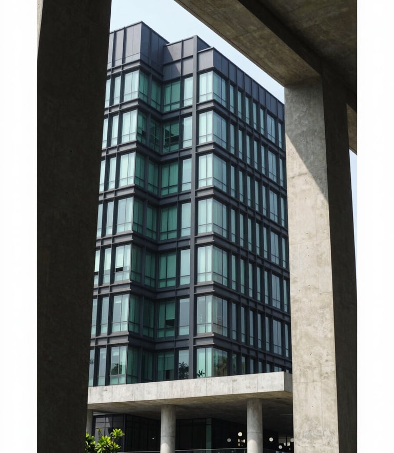 Sharp architectural lines of a modern corporate headquarters in Dhaka, concrete columns framing bright natural daylight, high-contrast structural editorial photography, 35mm
