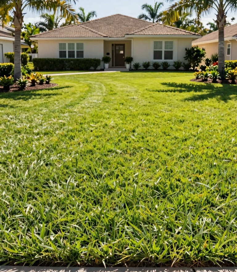 Bright sun-drenched photography of a perfectly manicured front lawn in Lakewood Ranch, crisp morning daylight, vibrant natural greens, sharp focus, 35mm