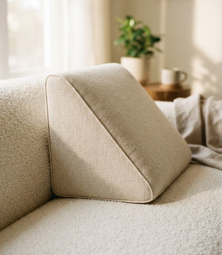 A premium ergonomic foam wedge pillow styled on a cream bouclé sofa, soft morning sunlight casting gentle shadows, 35mm photography