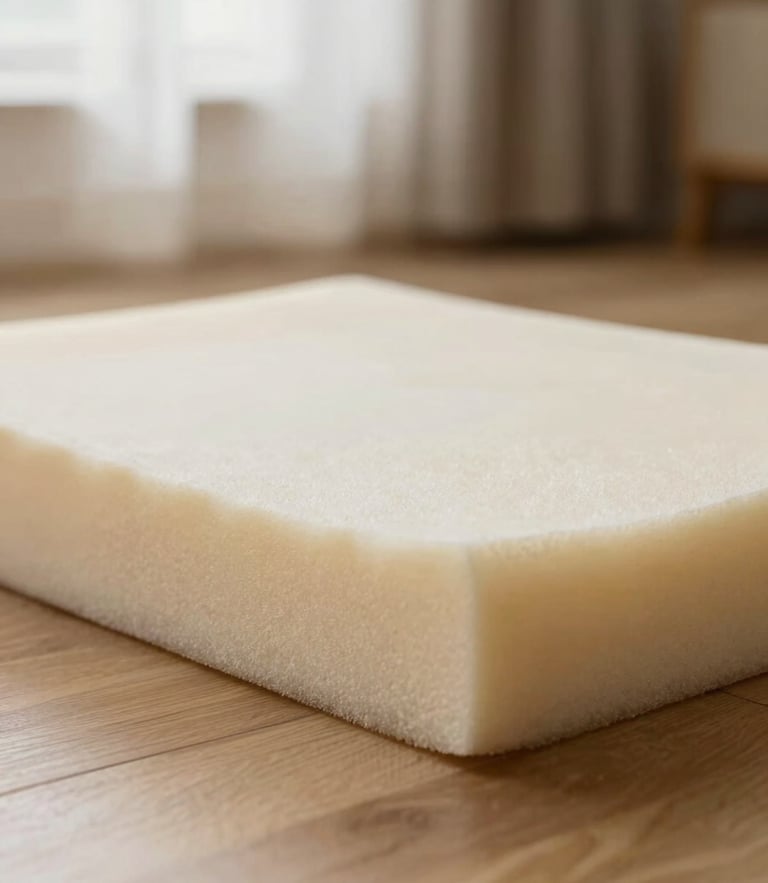 Close-up of a high-density memory foam base showing its structured wedge silhouette, resting on a polished oak floor, soft light, 35mm.