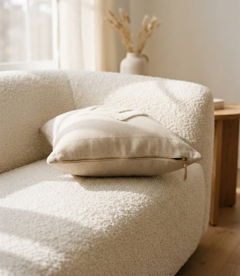 A premium neutral-toned lap pillow styled on a cream bouclé sofa, soft morning window light casting gentle shadows, warm minimalist aesthetic, 35mm.