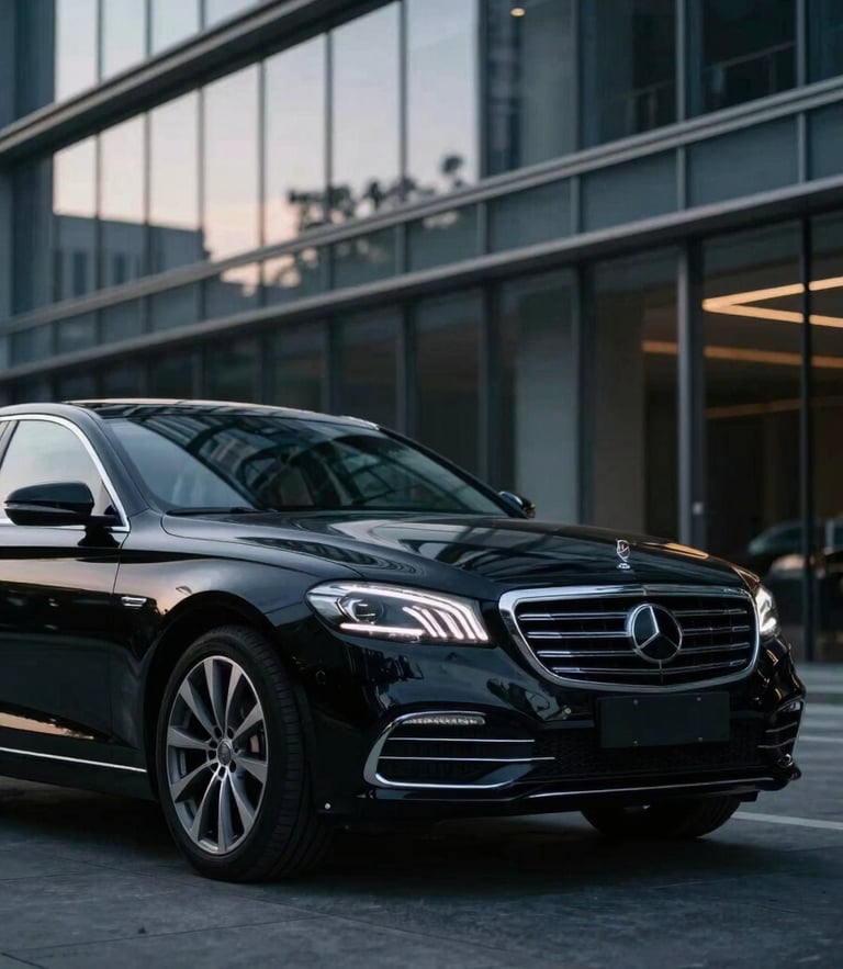 Cinematic automotive photography of a pristine black executive sedan parked in front of modern glass architecture, cool evening light, sharp silver reflections, shallow depth of field, 35mm