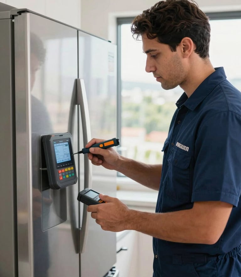 Medium shot of a professional Colombian technician in an immaculate navy blue uniform, using a digital diagnostic tool on a premium stainless steel refrigerator in a bright, modern Medellín kitchen with natural window light.