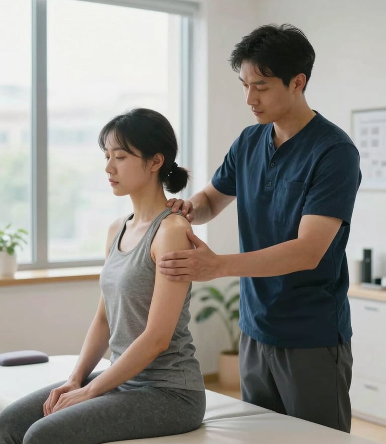 A physiotherapist guiding a patient's shoulder through a precise joint loading assessment on a clinical table, bright modern clinic interior in the background, clean natural window light.