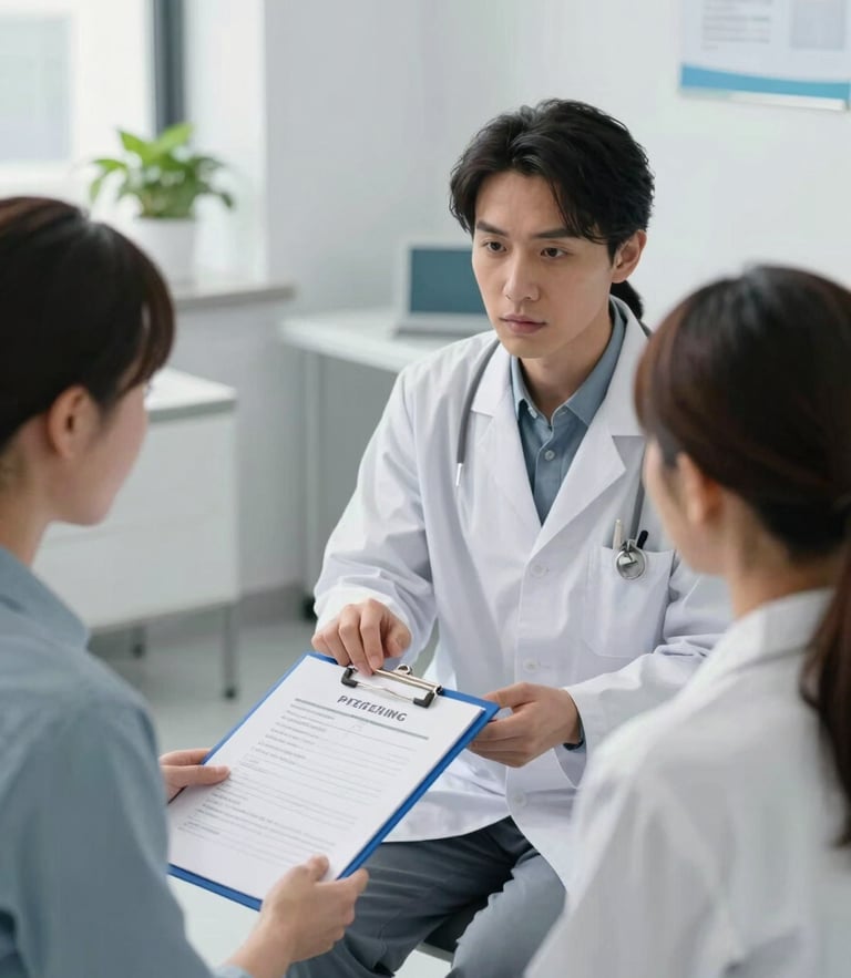 Wide panoramic 21:9 shot of a therapist and patient in a bright, modern clinical room, discussing a structured rehabilitation plan, clinical slate blue accents.