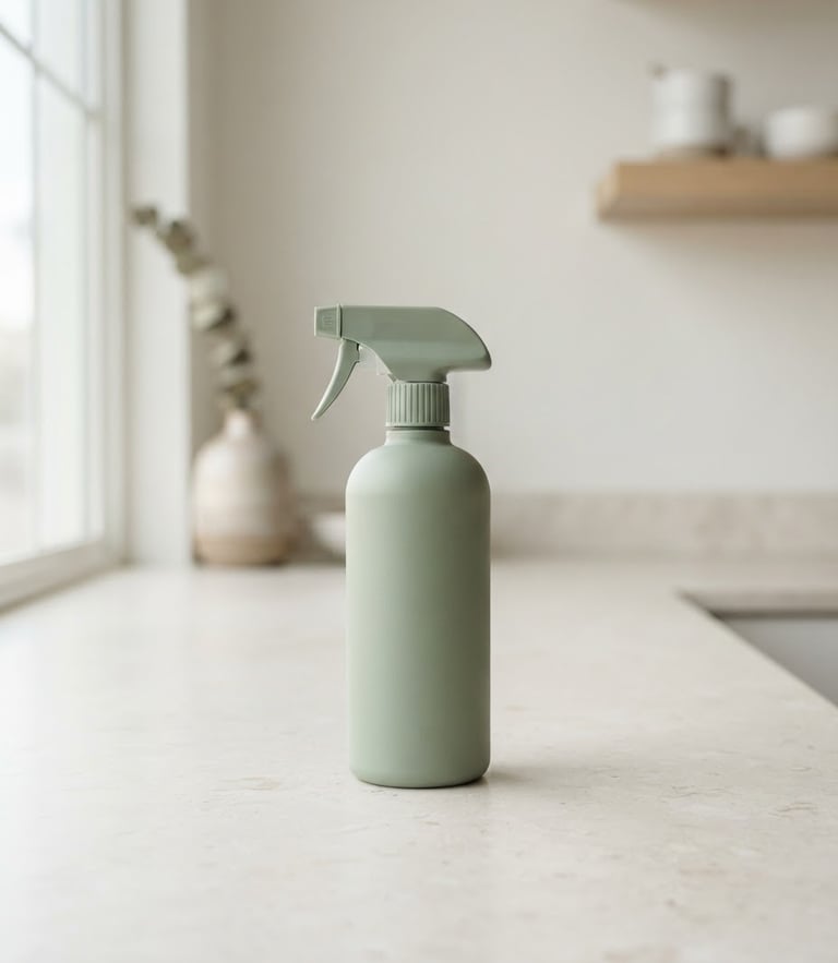Straight-on shot of a minimalist sage green spray bottle sitting on a clean off-white stone countertop, soft morning daylight, 50mm