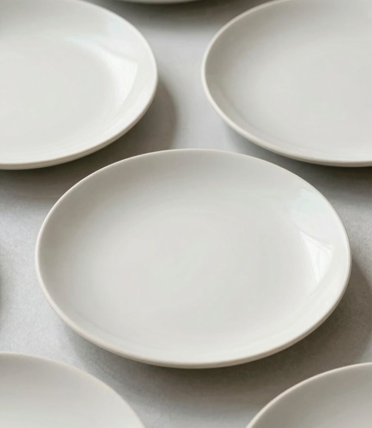 Close-up of elegant finished ceramic plates with delicate pastel brushstrokes, bright editorial photography, soft natural daylight, desaturated pastel tones, clean minimalist setting, 35mm