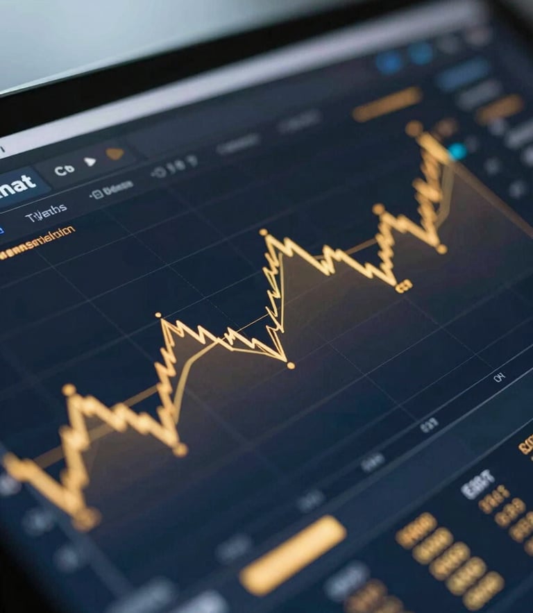 Extreme close-up of a high-fidelity financial dashboard on a dark screen, glowing gold analytics curves, soft ambient blue office light, sharp focus, 35mm