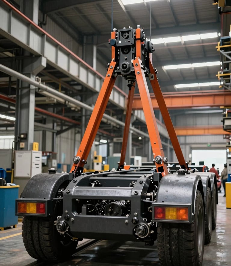 Portrait shot of a massive factory assembly line, heavy truck chassis suspended under harsh industrial lighting, deep charcoal and safety-orange accents, emphasizing metallic textures and scale.