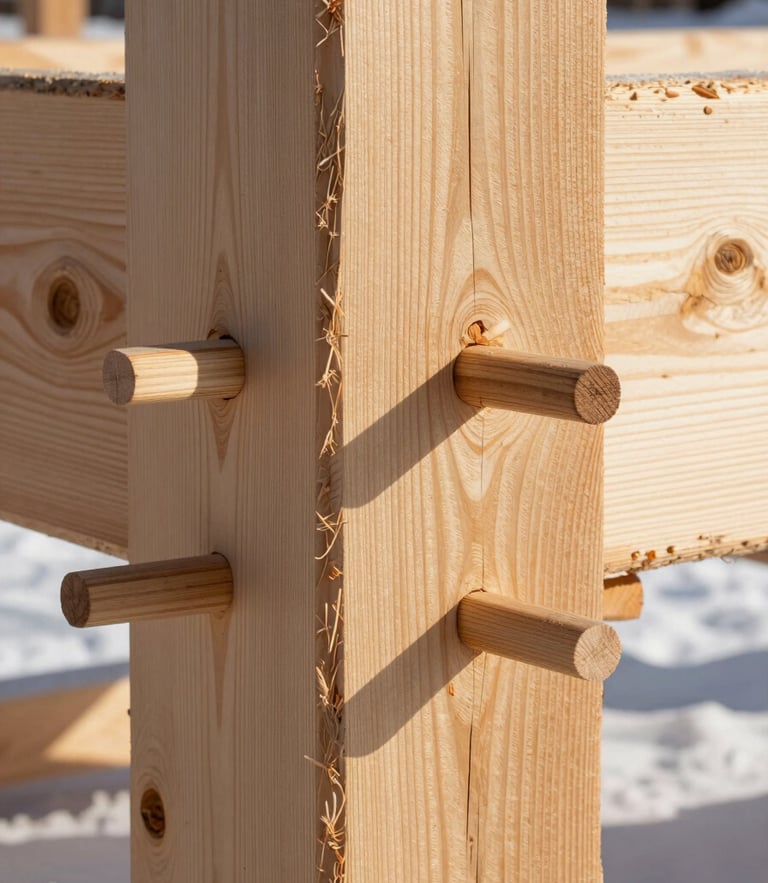Close-up of massive hand-hewn pine timber joints locked with wooden pegs, crisp winter sunlight casting sharp shadows across the rugged wood grain.