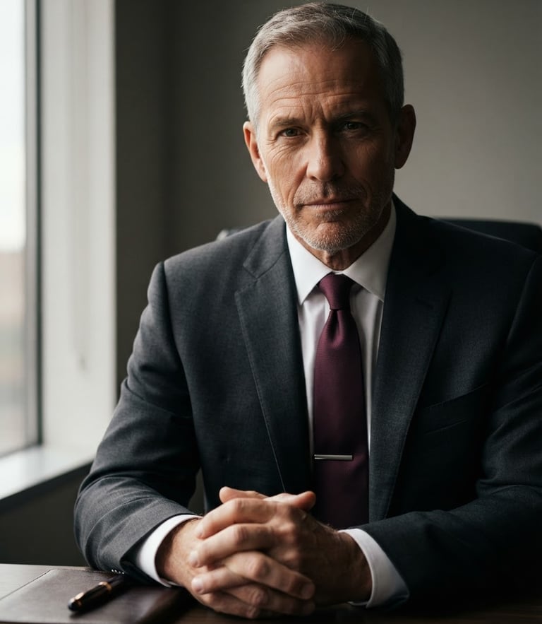 A close-up portrait of a senior financial advisor in a dark tailored suit, low-key dramatic window light casting soft shadows, warm wine-toned highlights, neutral gray background, professional and serious expression.
