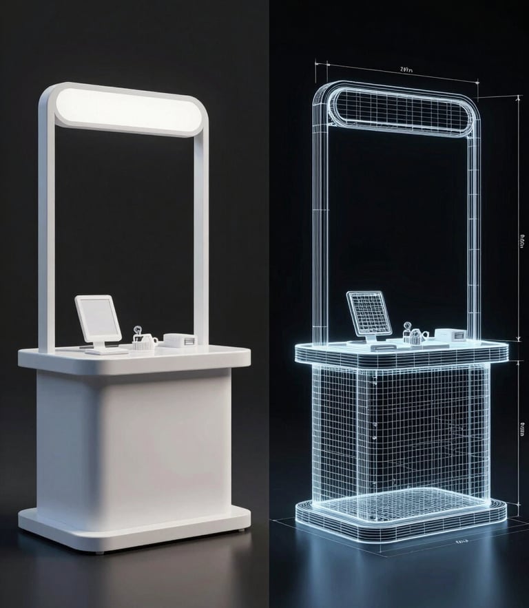 A crisp, high-contrast split-screen visualization showing a 3D rendered modern retail kiosk on the left, and its corresponding technical CAD wireframe with precise dimension lines on the right, glowing screen-lit environment, dark background.