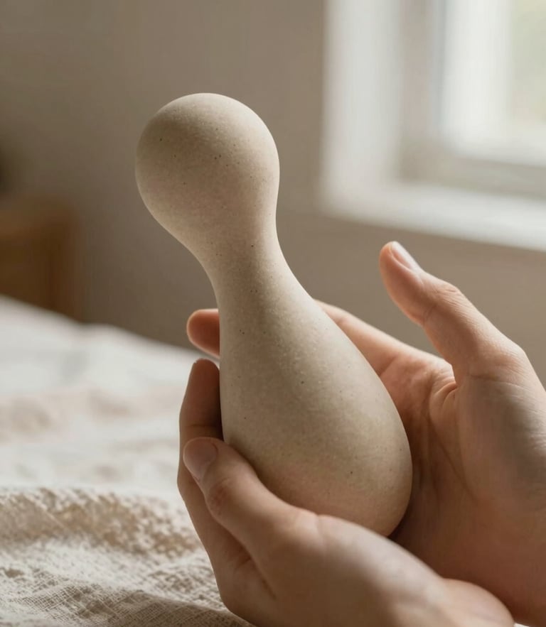 Close-up of a soft hand holding an elegant ceramic-like intimate wellness device, warm diffused natural light, soft linen texture, 35mm