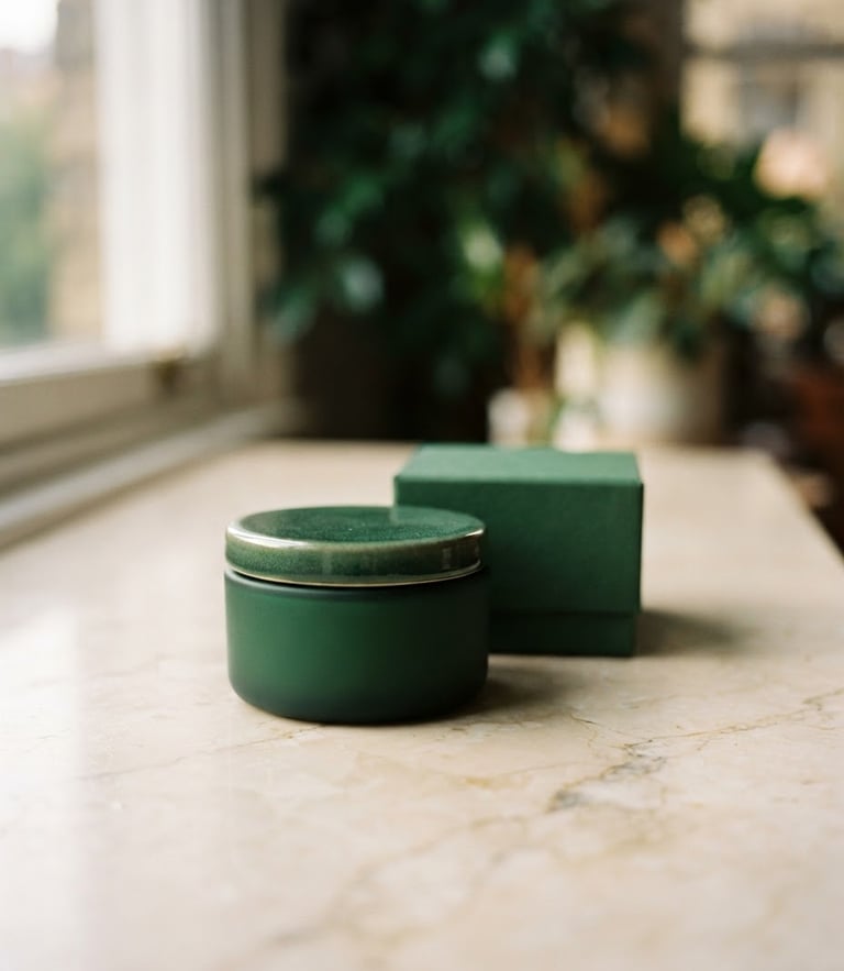 Elegant minimalist product packaging on a warm cream marble counter, soft window daylight, deep green shadows, shallow depth of field, 35mm