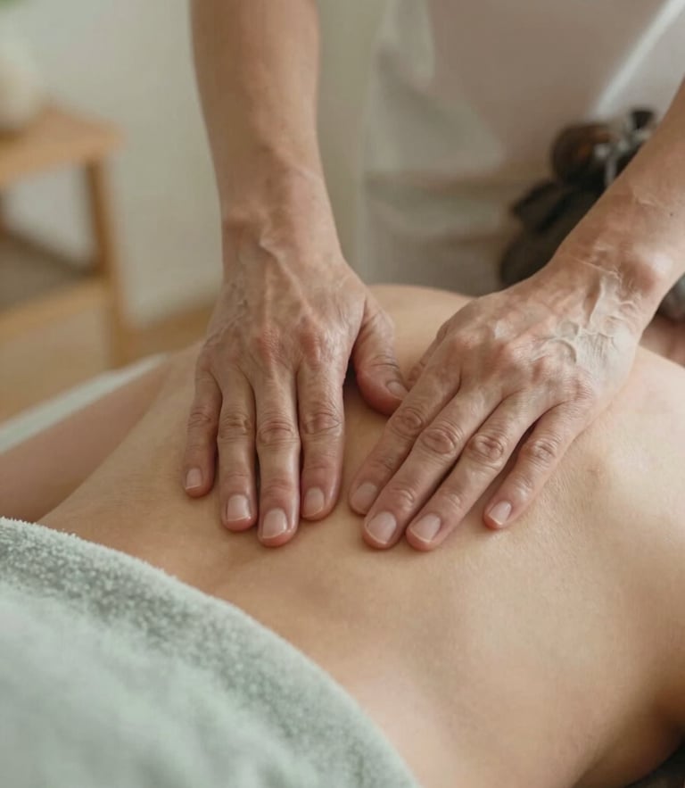 Close-up of respectful, gentle massage hands on a mature shoulder, warm ambient indoor lamplight, soft textiles, shallow depth of field