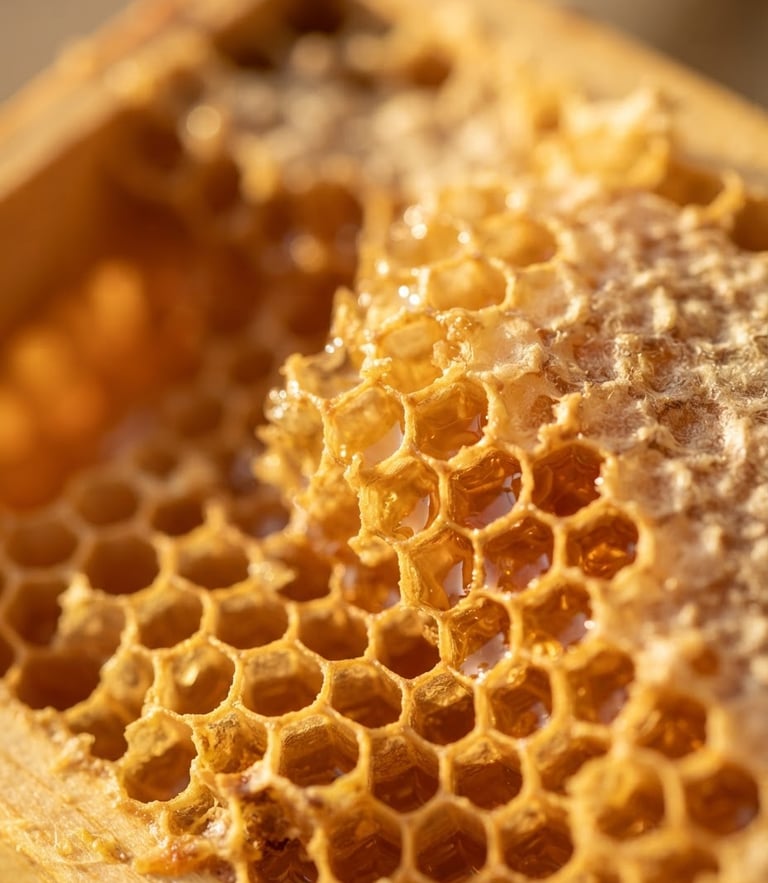 Macro shot of golden raw honeycomb glistening under warm golden-hour window light, shallow depth of field, 35mm