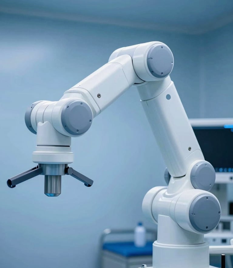 Sharp, close-up shot of a state-of-the-art robotic surgical arm in a sterile operating theatre, cool clinical lighting, crisp focus, 35mm