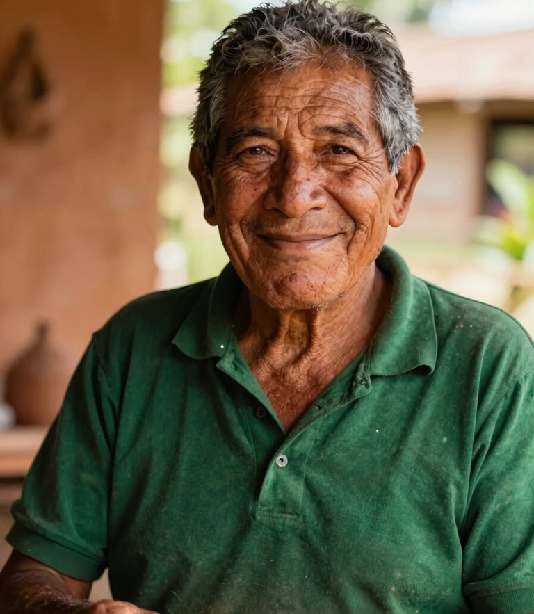 Close-up portrait of a smiling Colombian elder artisan in a rural workshop, warm golden-hour light, rich terracotta and deep green tones, shallow depth of field