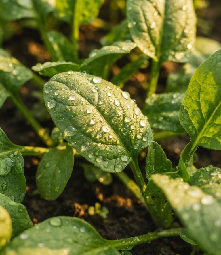 Macro close-up of vibrant green palak leaves with fresh morning water droplets, rich golden-hour sunlight, shallow depth of field
