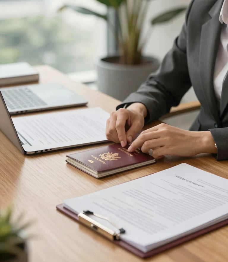 A professional consultation in a sunlit Bangkok office, close-up of passports and document folders on a clean oak desk, warm editorial photography, 35mm.