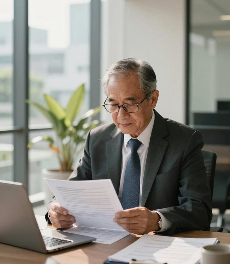 Warm environmental portrait of a senior legal advisor reviewing official documents in a sunlit Bangkok office, soft natural daylight, 35mm.