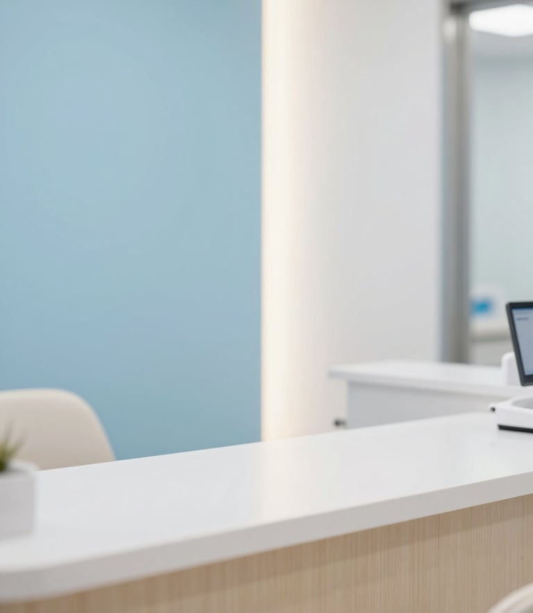 Bright and hygienic dental clinic reception area with soft sky blue and warm ivory accents, clean minimalist desk, warm daylight, shallow depth of field.