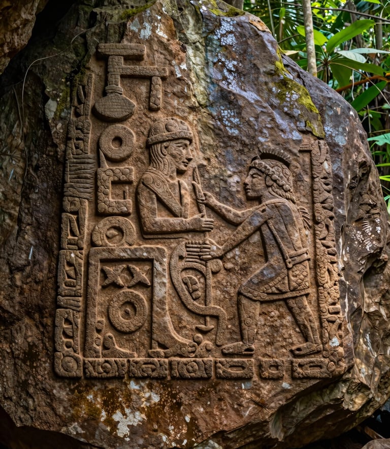 Primer plano de petroglifos taínos tallados en la roca caliza de una cueva protegida, iluminados por un haz de luz natural filtrada, tonos terrosos y textura de piedra húmeda.