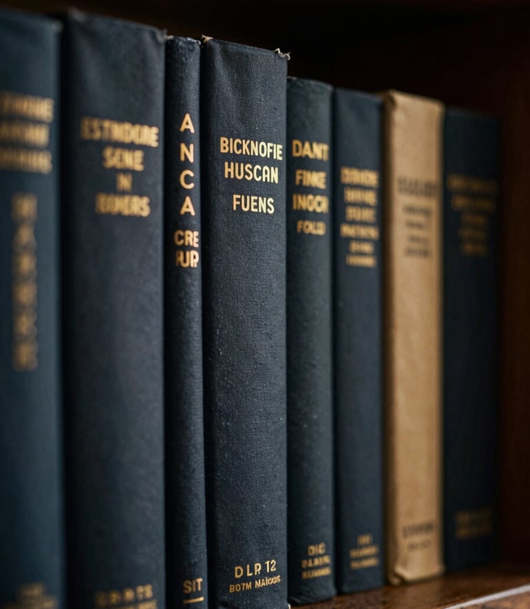 Close-up of textured book spines on a dark oak shelf, low-key tungsten lighting, rich deep navy and gold tones, shallow depth of field, 35mm film