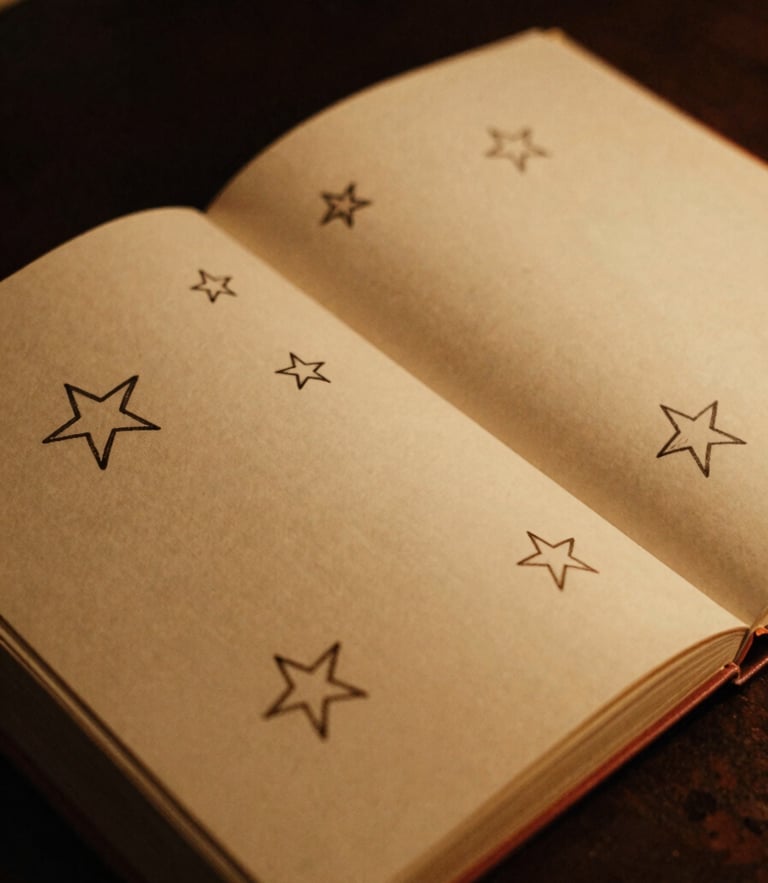 Close-up of an open children's book showing hand-drawn stars under warm tungsten light, shallow depth of field, 35mm film