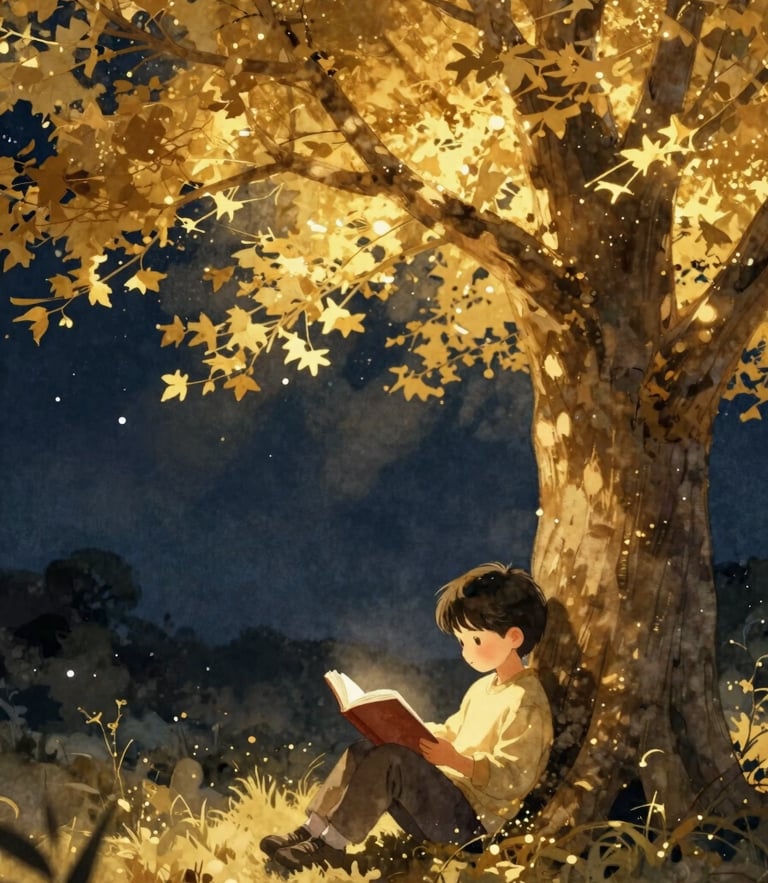 A warm watercolor illustration of a child reading under a glowing golden tree, soft starlight, magical realism, rich navy and gold tones, 35mm film feel